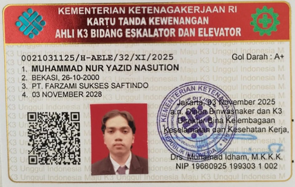 Kartu tanda kewenangan Ahli K3 Elevator dan Eskalator atas nama Muhammad Nur Yazid Nasution