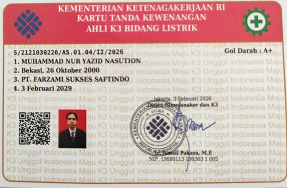 Kartu tanda kewenangan Ahli K3 Listrik atas nama Muhammad Nur Yazid Nasution