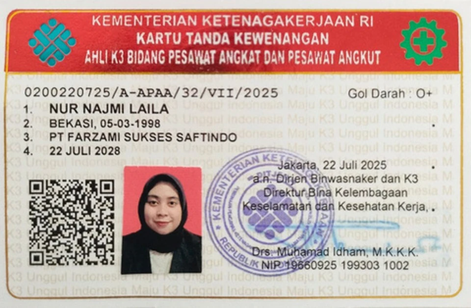Kartu tanda kewenangan Ahli K3 Pesawat Angkat dan Pesawat Angkut atas nama Nur Najmi Laila
