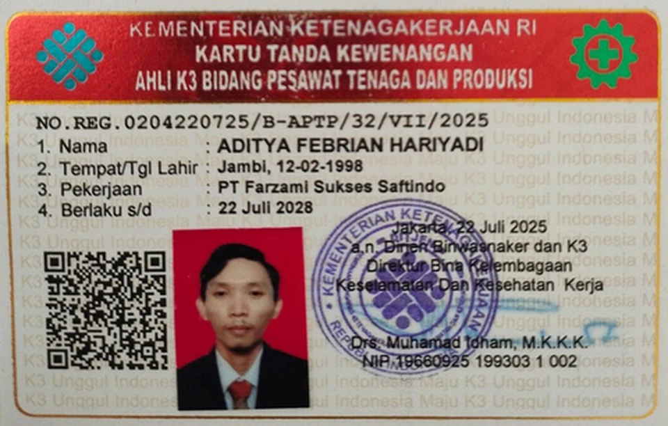 Kartu tanda kewenangan Ahli K3 Pesawat Tenaga dan Produksi atas nama Aditya Febrian Hariyadi
