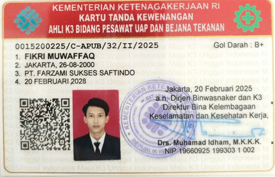 Kartu tanda kewenangan Ahli K3 Pesawat Uap dan Bejana Tekanan atas nama Fikri Muwaffaq